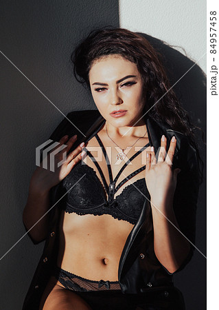 portrait beautiful woman brunette in lingerie home portrait beautiful woman brunette in lingerie home 84957458