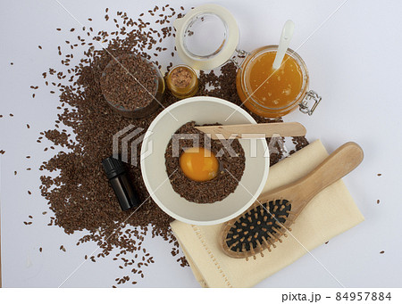Brown flax seeds, linseeds oil, egg, honey and... - Stock Photo [84957884]  - PIXTA