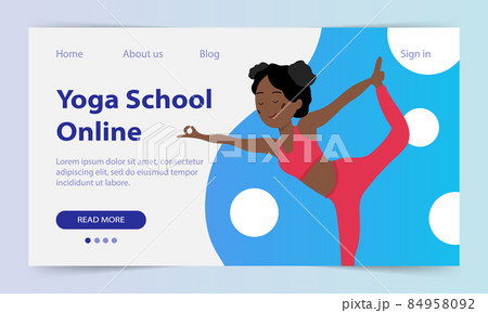 Yoga classes online. Landing page. Web site yoga school. A pretty African girl shows an asana. Yoga training via the Internet. Vector illustration. 84958092