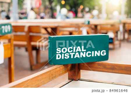 Signs in restaurants tell customers to take social distances because of the COVID-19 situation. Signs in restaurants tell customers to take social distances because of the COVID-19 situation. 84961646