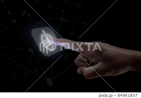 Human hand touching the power button, the concept of getting started Human hand touching the power button, the concept of getting started 84961837