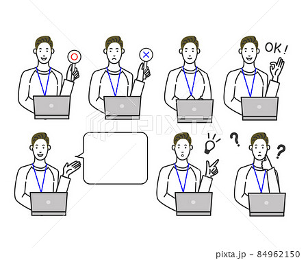 It企業のデザイナー風のカジュアルな服装で社員証をつけパソコンの前に座るマルバツやオッケーなどの表情のイラスト素材