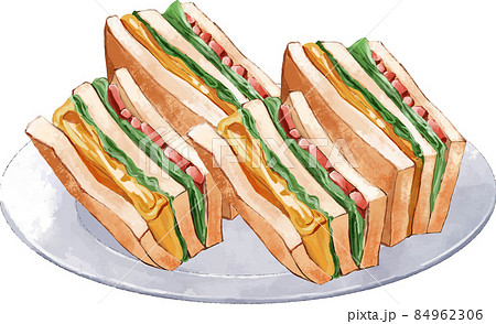 お皿に乗ったサンドイッチ 手描き風イラストのイラスト素材