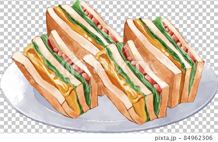 お皿に乗ったサンドイッチ　手描き風イラスト 84962306