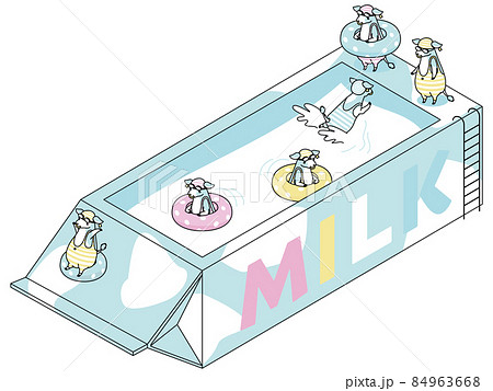 牛乳パックの中の牛乳で楽しそうに泳ぐ牛たちのアイソメイラストのイラスト素材