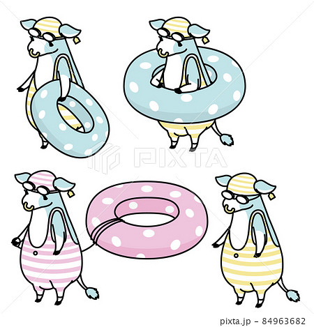 水着を着用した可愛い牛のアイソメイラストのセットのイラスト素材