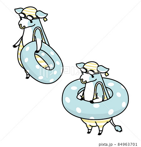 水着を着ている牛のアイソメイラストのイラスト素材