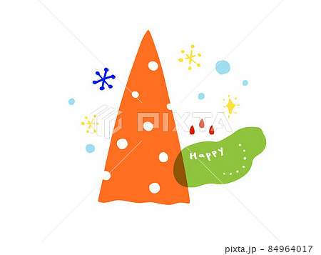 かわいいクリスマスの木と雪と結晶とケーキのイメージ 手書きイラストのイラスト素材