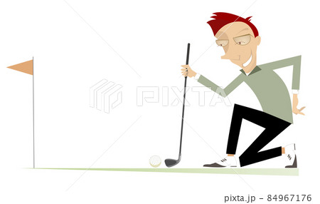 Young man a golfer on the golf course illustration. Cartoon golfer man staying on the kneel aiming to do a good kick isolated on white 84967176