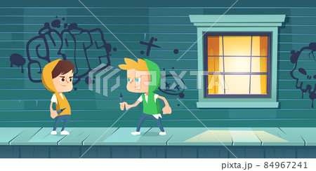 Boys with markers paint graffiti on house 84967241