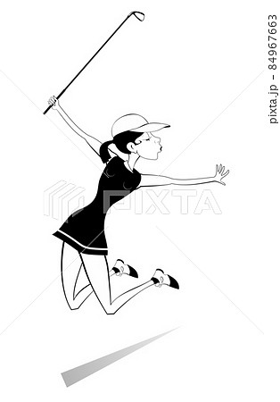 Golfer woman on the golf course isolated illustration. Jumping happy golfer woman holds a golf club black on white 84967663