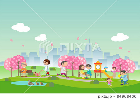 桜咲く春の公園でくつろぐ人々 84968400