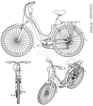 Set with the contours of the detailed bike from black lines, Isolated on white background. Front, side, isometric view. Vector illustration Set with the contours of the detailed bike from black lines, Isolated on white background. Front, side, isometric view. Vector illustration 84970555