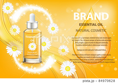 Camomile essential oil cosmetic product ad. Vector 3d illustration. Skin care bottle template design. Face and body natural floral oil Camomile essential oil cosmetic product ad. Vector 3d illustration. Skin care bottle template design. Face and body natural floral oil 84970628
