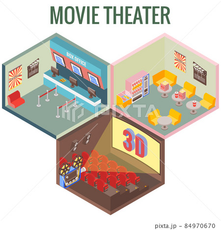 Movie theater in isometric style design. Vector flat 3d icons. Interior of cinema, cafe, ticket office 84970670
