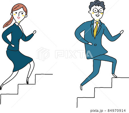 階段を駆け上がるスーツの女性と男子学生 セット イラスト素材のイラスト素材