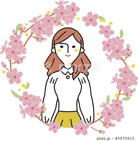 桜の輪に囲われた若い女性 旅立ち イラスト素材のイラスト素材