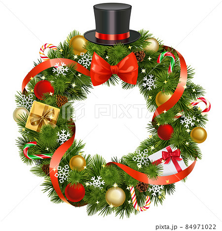 Vector Christmas Pine Fluffy Wreath with Hat Vector Christmas Pine Fluffy Wreath with Hat 84971022