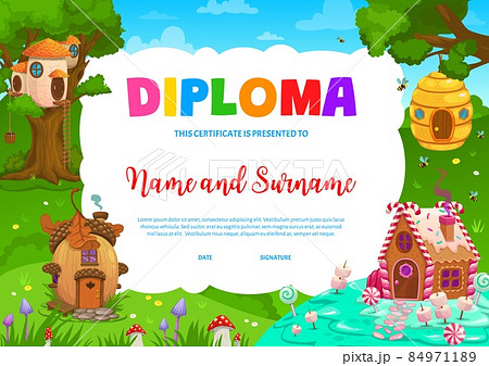 Kids diploma. Acorn and nest, honeycomb and caramel cartoon fairy houses. Vector award certificate with fantasy dwellings of forest gnome or elves. School or kindergarten winner trophy or gift frame Kids diploma. Acorn and nest, honeycomb and caramel cartoon fairy houses. Vector award certificate with fantasy dwellings of forest gnome or elves. School or kindergarten winner trophy or gift frame 84971189
