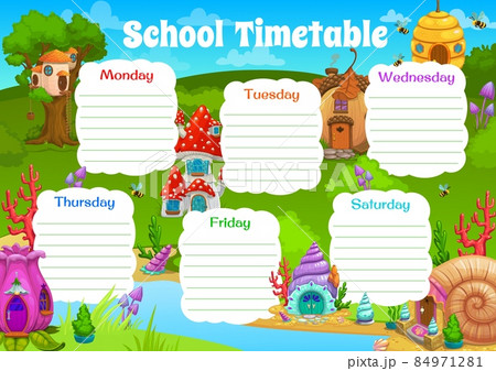 School timetable schedule. Flower and acorn, shell, beehive, mushroom and caramel, nest, stump cartoon houses. Vector kids weekly timetable for lessons, planner frame with fantasy dwellings 84971281