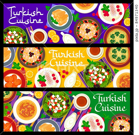 Turkish cuisine food banners, Turkey restaurant dinner and dessert meals, vector. Turkish cuisine menu with sweet chicken pudding and grilled aubergine salad Istanbul carrot balls and black tea 84971340