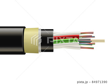 Fiber optic tight cable, broadband speed internet cable. Vector realistic flexible electric copper wires in winding. Network optic tight cable, isolated connection equipment, 3d 84971390