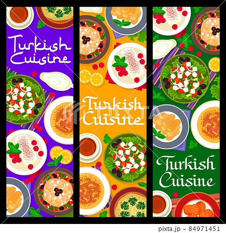 Turkish cuisine food banners with dishes and meals, vector Turkey dinner and lunch menu. Turkish food and Istanbul kitchen dishes, tripe soup and carrot balls with sweet pudding and black tea Turkish cuisine food banners with dishes and meals, vector Turkey dinner and lunch menu. Turkish food and Istanbul kitchen dishes, tripe soup and carrot balls with sweet pudding and black tea 84971451
