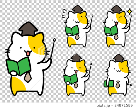 様々な表情で何かを教えるかわいい教授ねこのキャラクターの手描き風イラストセットのイラスト素材