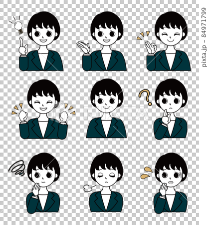 色々な表情やポーズをとるスーツを着た女性会社員のイラスト素材セットのイラスト素材