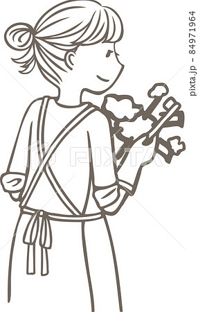 五徳を磨いてコンロ掃除をする女性の線画 84971964