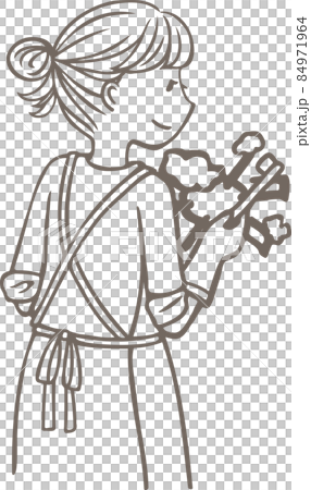 五徳を磨いてコンロ掃除をする女性の線画 84971964