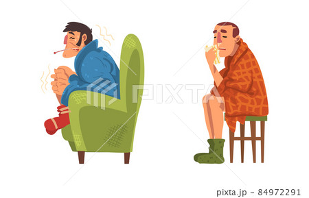 Sick Man Sitting on Chair Wrapped in Blanket Wearing Knitted Socks Vector Set 84972291
