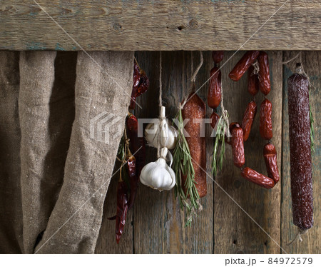 Homemade sausages with spices. 84972579