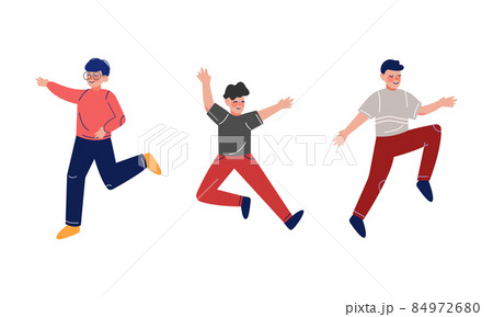 Smiling Teen Boy Jumping with Joy Raising Hands Up Having Fun Vector Set Smiling Teen Boy Jumping with Joy Raising Hands Up Having Fun Vector Set 84972680