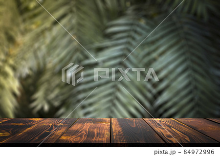 Jungle table background. Interior table for a cosmetic item against the backdrop of tropical plants, palms and jungle. Jungle table background. Interior table for a cosmetic item against the backdrop of tropical plants, palms and jungle. 84972996