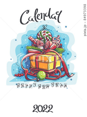 Vertical calendar cover 2022 box with gifts, chocolates, winter red sleigh Vertical calendar cover 2022 box with gifts, chocolates, winter red sleigh 84973398