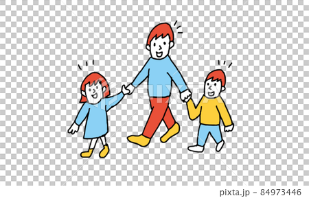 手をつないで笑顔で歩く親子のイラストレーション 84973446