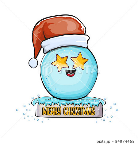 Vector cartoon snowball character with red santa claus hat isolated on white background. Childrens Merry Christmas greeting card with funny monster snow ball. Cartoon Santa 84974468