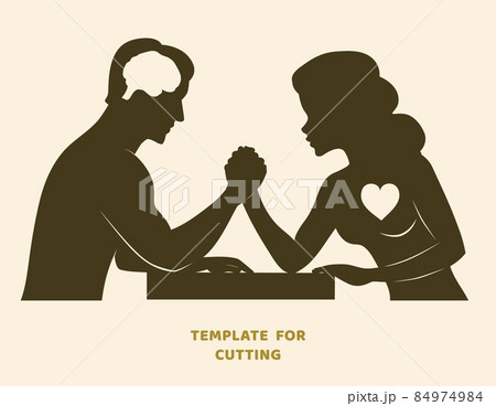 Template for laser cutting, wood carving, paper cut. Silhouettes for cutting. Arm wrestling challenge between a young couple stencil. Template for laser cutting, wood carving, paper cut. Silhouettes for cutting. Arm wrestling challenge between a young couple stencil. 84974984