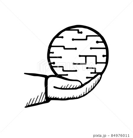 Hand holds technology sphere doodle icon. Metaverse concept. Vector illustration 84976011