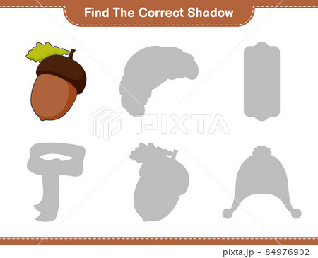 Find the correct shadow. Find and match the correct shadow of Acorn. Educational children game, printable worksheet, vector illustration Find the correct shadow. Find and match the correct shadow of Acorn. Educational children game, printable worksheet, vector illustration 84976902