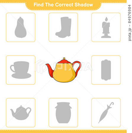 Find the correct shadow. Find and match the correct shadow of Teapot. Educational children game, printable worksheet, vector illustration Find the correct shadow. Find and match the correct shadow of Teapot. Educational children game, printable worksheet, vector illustration 84976984