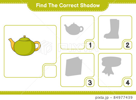 Find the correct shadow. Find and match the correct shadow of Teapot. Educational children game, printable worksheet, vector illustration Find the correct shadow. Find and match the correct shadow of Teapot. Educational children game, printable worksheet, vector illustration 84977439