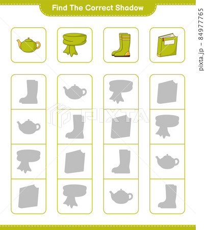 Find the correct shadow. Find and match the correct shadow of Scarf, Book, Rubber Boots, Teapot. Educational children game, printable worksheet, vector illustration 84977765