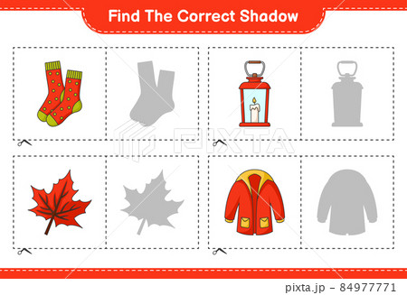 Find the correct shadow. Find and match the correct shadow of Lantern, Socks, Warm Clothes, Maple Leaf. Educational children game, printable worksheet, vector illustration Find the correct shadow. Find and match the correct shadow of Lantern, Socks, Warm Clothes, Maple Leaf. Educational children game, printable worksheet, vector illustration 84977771