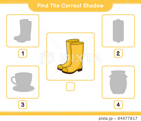 Find the correct shadow. Find and match the correct shadow of Rubber Boots. Educational children game, printable worksheet, vector illustration 84977817