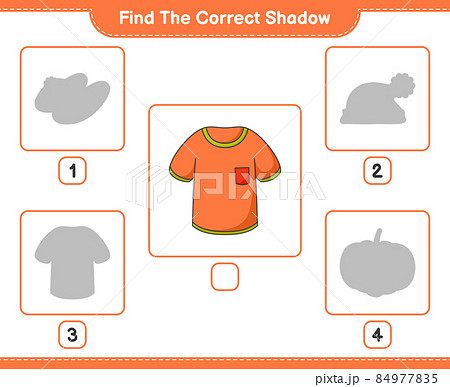 Find the correct shadow. Find and match the correct shadow of T-shirt. Educational children game, printable worksheet, vector illustration Find the correct shadow. Find and match the correct shadow of T-shirt. Educational children game, printable worksheet, vector illustration 84977835