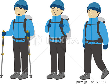 山登りする冬装備の男性イラスト トレッキングポール 立つ 歩く 3パターンのイラスト素材 山登りする冬装備の男性イラスト トレッキングポール 立つ 歩く 3パターンのイラスト素材