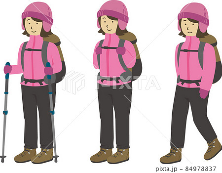 山登りする冬装備の女性イラスト トレッキングポール 立つ 歩く 3パターンのイラスト素材 山登りする冬装備の女性イラスト トレッキングポール 立つ 歩く 3パターンのイラスト素材