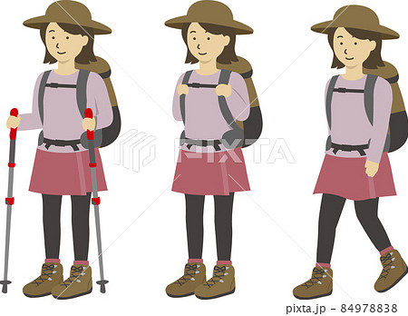 登山女性のイラスト(トレッキングポール、立つ、歩く)3パターン 登山女性のイラスト(トレッキングポール、立つ、歩く)3パターン 84978838